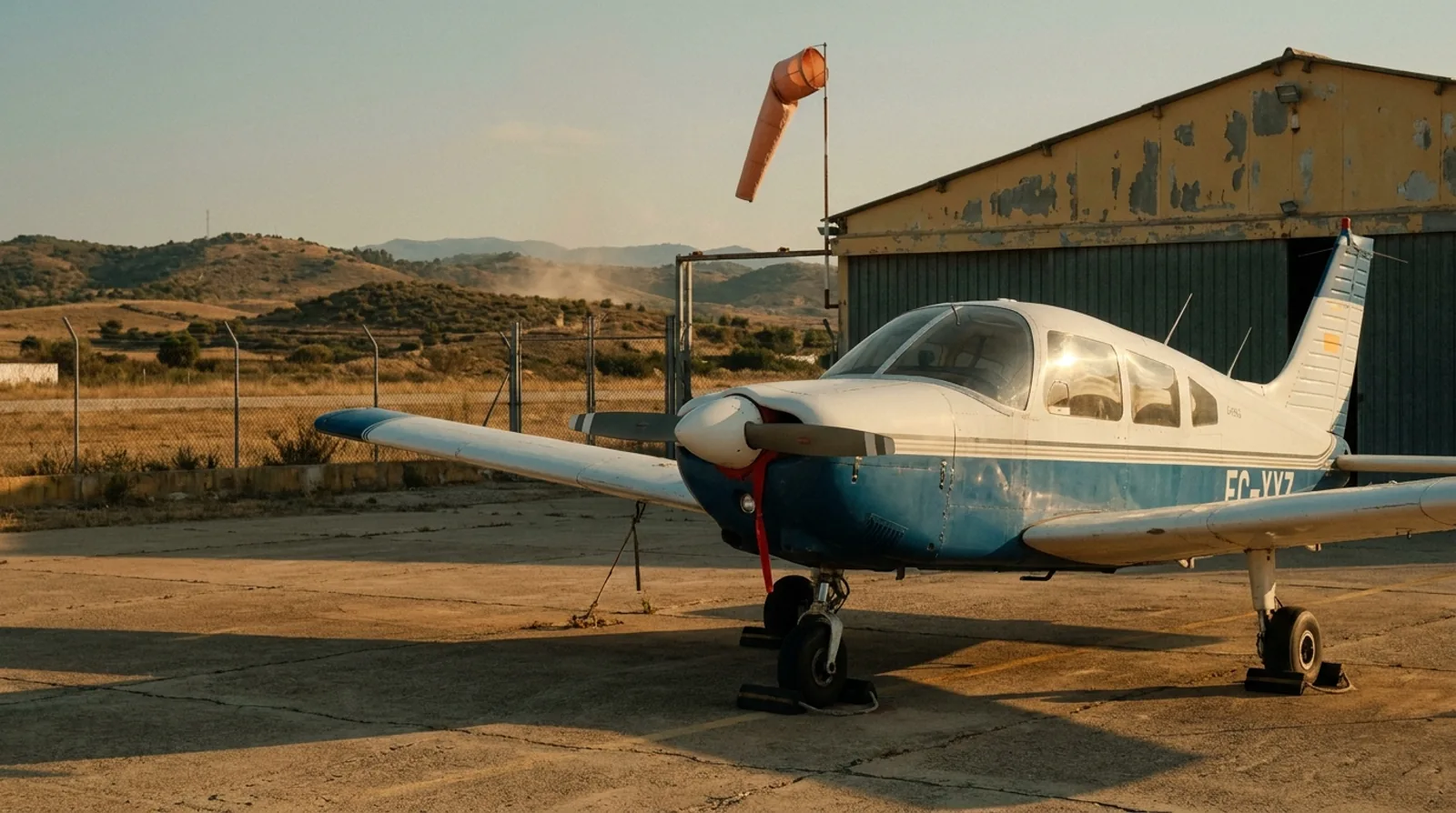 Avión ligero de escuela estacionado con calzos en la rampa de un aeródromo de aviación general al atardecer