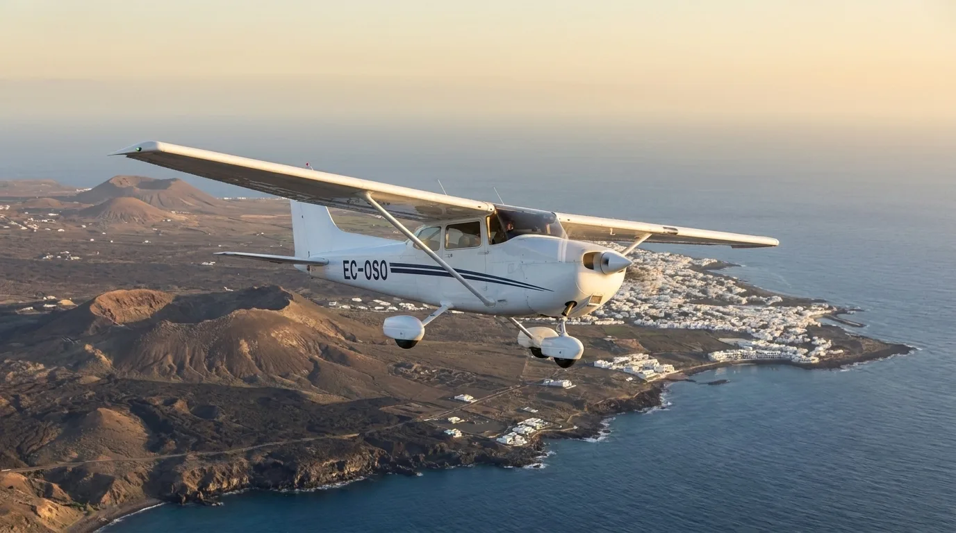Cessna 172 EC-OSO en vuelo sobre la costa volcánica de Lanzarote al atardecer