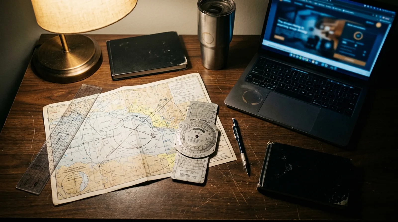 Mesa de estudio de un alumno piloto de noche: carta de navegación VFR con la ruta trazada, plotter, computadora de vuelo circular, logbook y portátil con el campus abierto